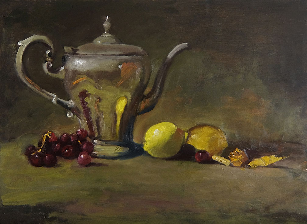 Silver Teapot with Lemons
